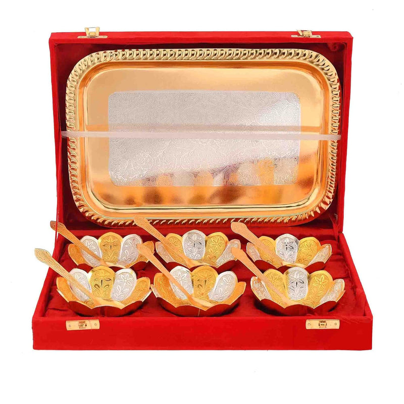 NOBILITY Bowl Spoon Tray Set Gold & Silver Plated Dry Fruits Dessert Serving Friends Family Housewarming Home Decoration Corporate Wedding Return Gifts Diwali Eid Christmas Gift items