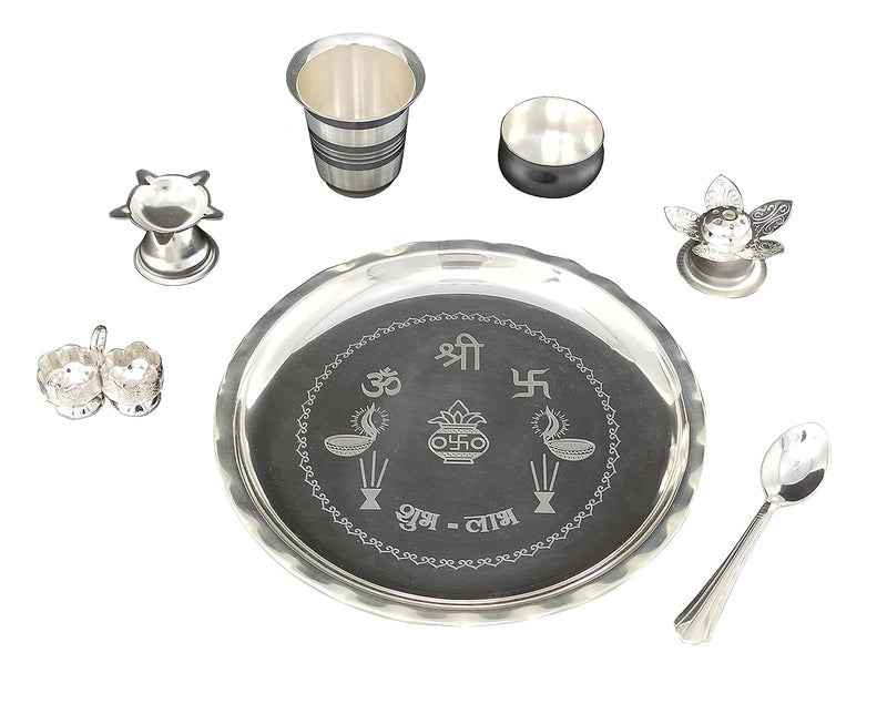 NOBILITY Silver Plated Pooja thali Set 8 Inch with Plate Bowl Spoon Diya Kumkum Holder Agarbatti Stand Puja Thali for Home Mandir Office Wedding Return Diwali Gift Items