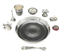 NOBILITY Silver Plated Pooja thali Set 8 Inch with Plate Glass Bowl Agarbatti Stand Palli Diya Kumkum Stand Coin Ghanti Puja Thali for Diwali Home Mandir Office Wedding Return Gift Items