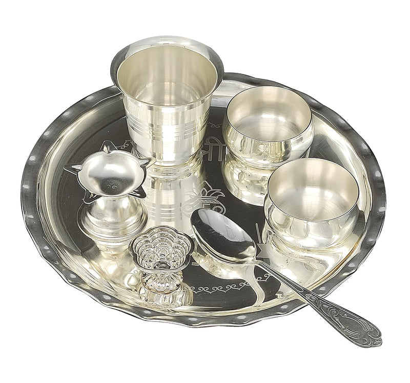 NOBILITY Silver Plated Pooja thali Set 8 Inch with Plate Bowl Glass Diya Spoon Kumkum Holder Puja Thali for Diwali Home Mandir Office Wedding Return Gift Items