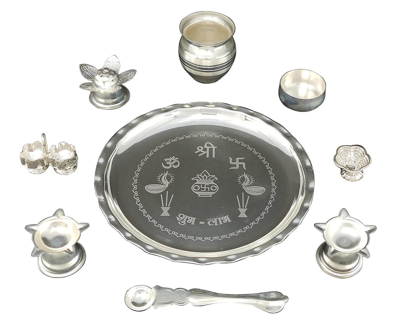 NOBILITY Silver Plated Pooja thali Set 8 Inch with Plate Bowl Kalash Diya Palli Kumkum Holder Chandan Wati Puja Thali for Diwali Home Mandir Office Wedding Return Gift Items