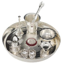 NOBILITY Silver Plated Pooja thali Set 8 Inch with Plate Glass Bowl Agarbatti Stand Palli Diya Kumkum Stand Coin Ghanti Puja Thali for Diwali Home Mandir Office Wedding Return Gift Items