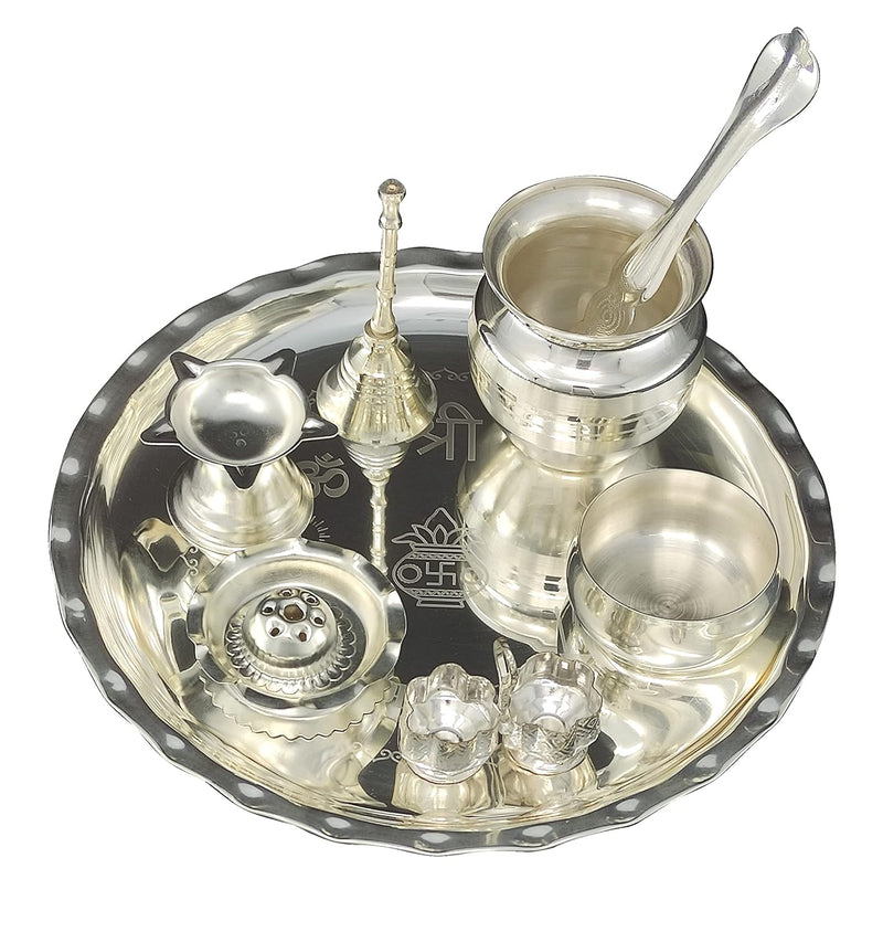 NOBILITY Silver Plated Pooja thali Set 8 Inch with Plate Ghanti Bowl Kalash Palli Agarbatti Stand Diya Kumkum Holder Puja Thali for Home Mandir Office Diwali Wedding Return Gift Items