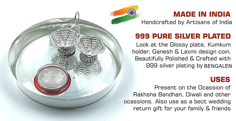 NOBILITY Silver Plated Pooja Thali Set 5 Inch Occasional Puja Thali Decorative for Diwali, Home, Office, Wedding Return Gift Items