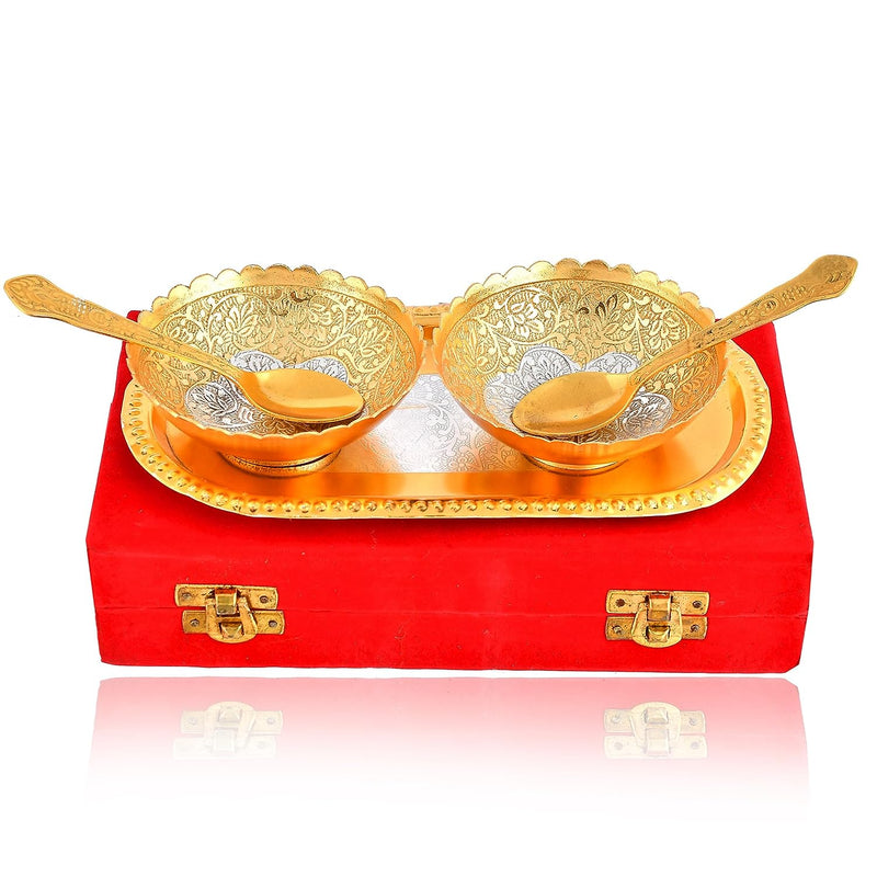 NOBILITY Bowl Spoon Tray Set Gold & Silver Plated Dry Fruits Dessert Serving Set Diwali Christmas Eid Wedding Return Gifts Friends Family Home Decorative Housewarming Corporate Gift tems