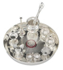 NOBILITY Silver Plated Pooja thali Set 8 Inch with Plate Kalash Bowl Agarbatti Stand Palli Diya Kumkum Stand Coin Puja Thali for Diwali Home Mandir Office Wedding Return Gift Items