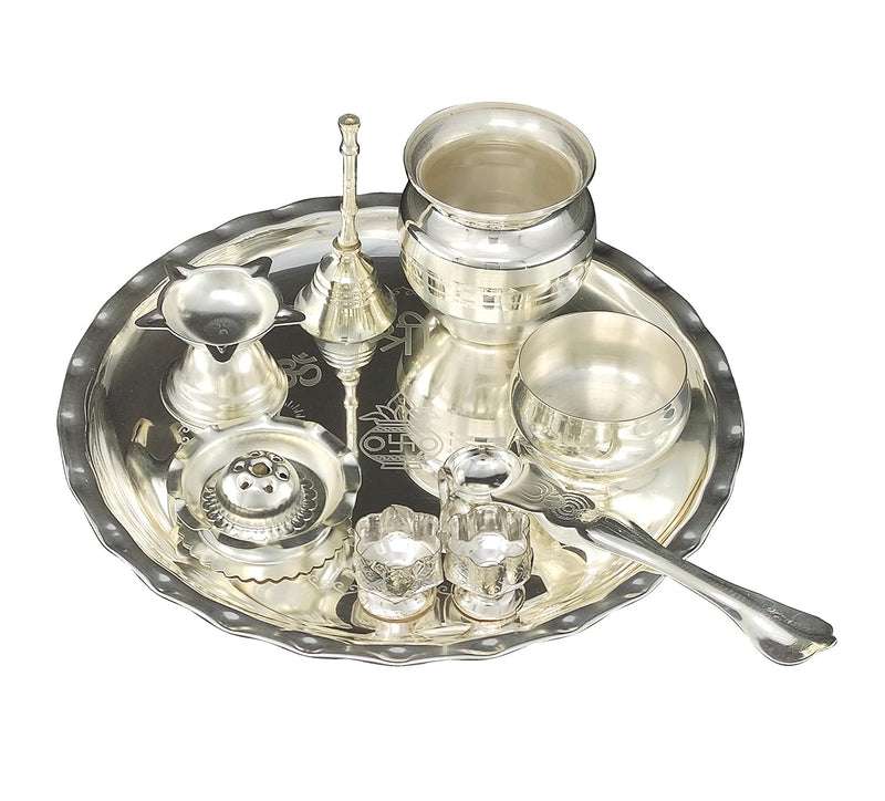 NOBILITY Silver Plated Pooja thali Set 8 Inch with Plate Ghanti Bowl Kalash Palli Agarbatti Stand Diya Kumkum Holder Puja Thali for Home Mandir Office Diwali Wedding Return Gift Items