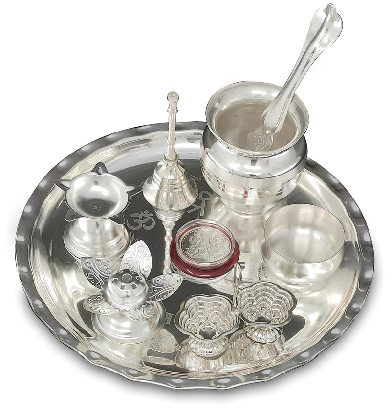 NOBILITY Silver Plated Pooja thali Set 8 Inch with Plate Ghanti Bowl Spoon Dhup Dan Diya Kumkum Holder Coin Puja Thali for Home Mandir Office Wedding Return Diwali Gift Items