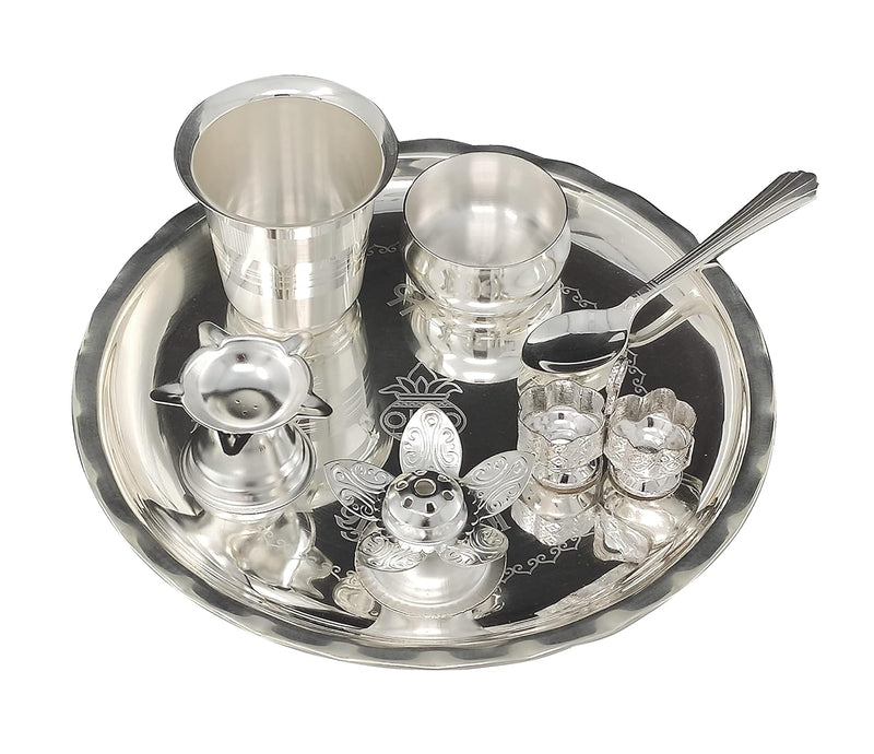 NOBILITY Silver Plated Pooja thali Set 8 Inch with Plate Bowl Spoon Diya Kumkum Holder Agarbatti Stand Puja Thali for Home Mandir Office Wedding Return Diwali Gift Items