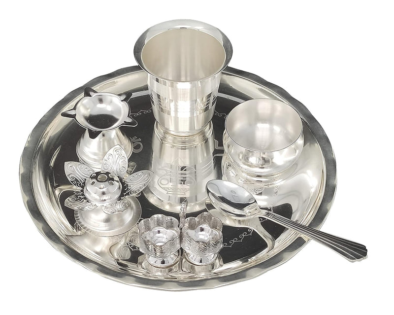 NOBILITY Silver Plated Pooja thali Set 8 Inch with Plate Bowl Spoon Diya Kumkum Holder Agarbatti Stand Puja Thali for Home Mandir Office Wedding Return Diwali Gift Items