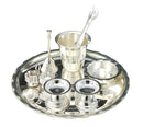 NOBILITY Silver Plated Pooja thali Set 8 Inch with Plate Ghanti Bowl Palli Round Diya Kumkum Holder Puja Thali for Home Mandir Office Wedding Return Diwali Gift Items