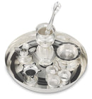NOBILITY Silver Plated Pooja thali Set 8 Inch with Plate Haldi Kumkum Stand Diya Kalash Bowl Agarbatti Stand Palli Puja Thali for Diwali Home Mandir Office Wedding Return Gift Items
