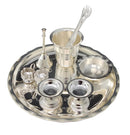 NOBILITY Silver Plated Pooja thali Set 8 Inch with Plate Ghanti Bowl Palli Round Diya Kumkum Holder Puja Thali for Home Mandir Office Wedding Return Diwali Gift Items
