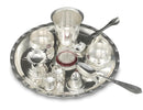 NOBILITY Silver Plated Pooja thali Set 8 Inch with Plate Bowl Glass Palli Spoon Dhup Dan Diya Kumkum Holder Coin Puja Thali for Diwali Home Mandir Office Wedding Return Gift Items