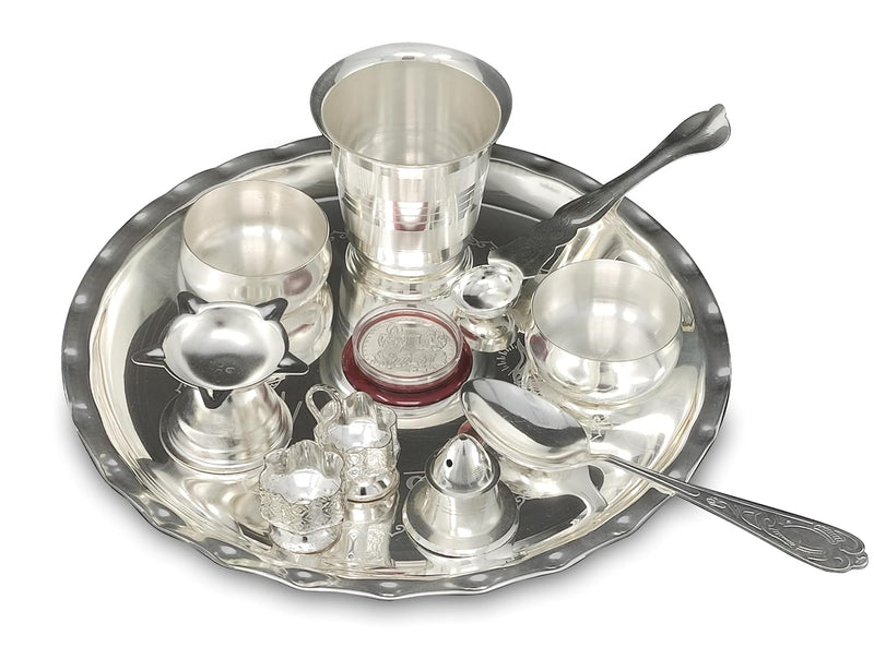 NOBILITY Silver Plated Pooja thali Set 8 Inch with Plate Bowl Glass Palli Spoon Dhup Dan Diya Kumkum Holder Coin Puja Thali for Diwali Home Mandir Office Wedding Return Gift Items