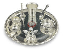 NOBILITY Silver Plated Pooja Thali Set 9.5 Inch with Coin Kuber Diya Dhup Dani Bowl Spoon Glass Ghanti