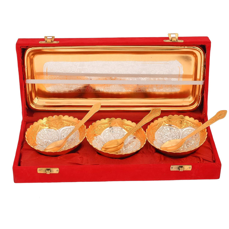 NOBILITY Bowl Spoon Tray Set Gold Silver Plated Dry Fruits Dessert Serving Wedding Return Gift Friends Family Housewarming Home Decoration Corporate Diwali Eid Christmas Gifts items