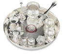 NOBILITY Silver Plated Pooja thali Set 8 Inch with Plate Kalash Bowl Agarbatti Stand Palli Diya Kumkum Stand Coin Puja Thali for Diwali Home Mandir Office Wedding Return Gift Items