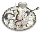 NOBILITY Silver Plated Pooja thali Set 8 Inch with Plate Ghanti Bowl Spoon Dhup Dan Diya Kumkum Holder Coin Puja Thali for Home Mandir Office Wedding Return Diwali Gift Items