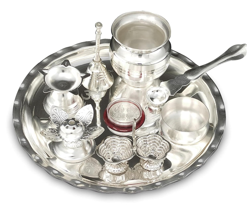 NOBILITY Silver Plated Pooja thali Set 8 Inch with Plate Ghanti Bowl Spoon Dhup Dan Diya Kumkum Holder Coin Puja Thali for Home Mandir Office Wedding Return Diwali Gift Items