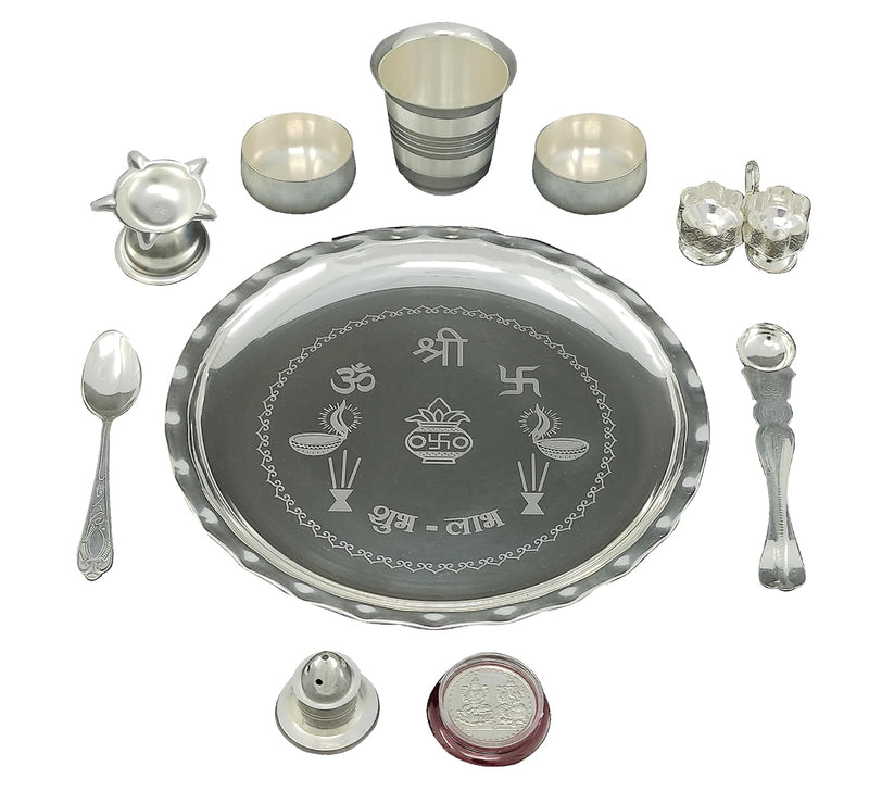 NOBILITY Silver Plated Pooja thali Set 8 Inch with Plate Bowl Glass Palli Spoon Dhup Dan Diya Kumkum Holder Coin Puja Thali for Diwali Home Mandir Office Wedding Return Gift Items