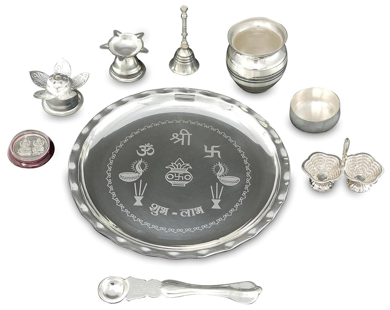 NOBILITY Silver Plated Pooja thali Set 8 Inch with Plate Ghanti Bowl Spoon Dhup Dan Diya Kumkum Holder Coin Puja Thali for Home Mandir Office Wedding Return Diwali Gift Items