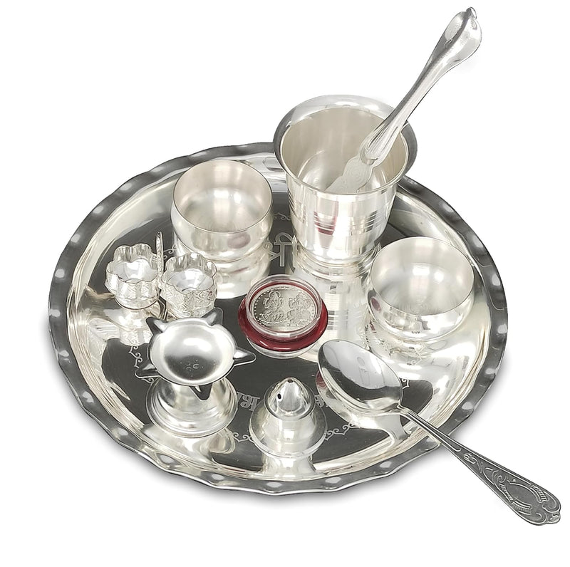 NOBILITY Silver Plated Pooja thali Set 8 Inch with Plate Bowl Glass Palli Spoon Dhup Dan Diya Kumkum Holder Coin Puja Thali for Diwali Home Mandir Office Wedding Return Gift Items