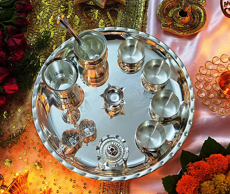 NOBILITY Silver Plated Pooja Thali Set 12 Inch with Accessories Puja Decorative Items for Home Mandir Office Wedding Return Gift