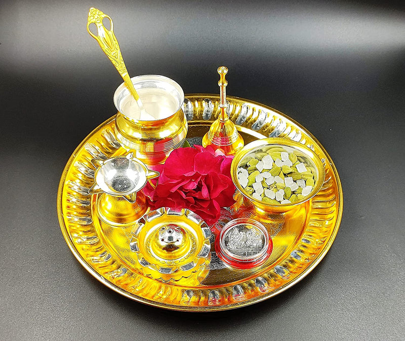 NOBILITY Premium Ganesh Lakshmi Design Gold and Silver Plated Puja Thali Set 08 Inch with Coin