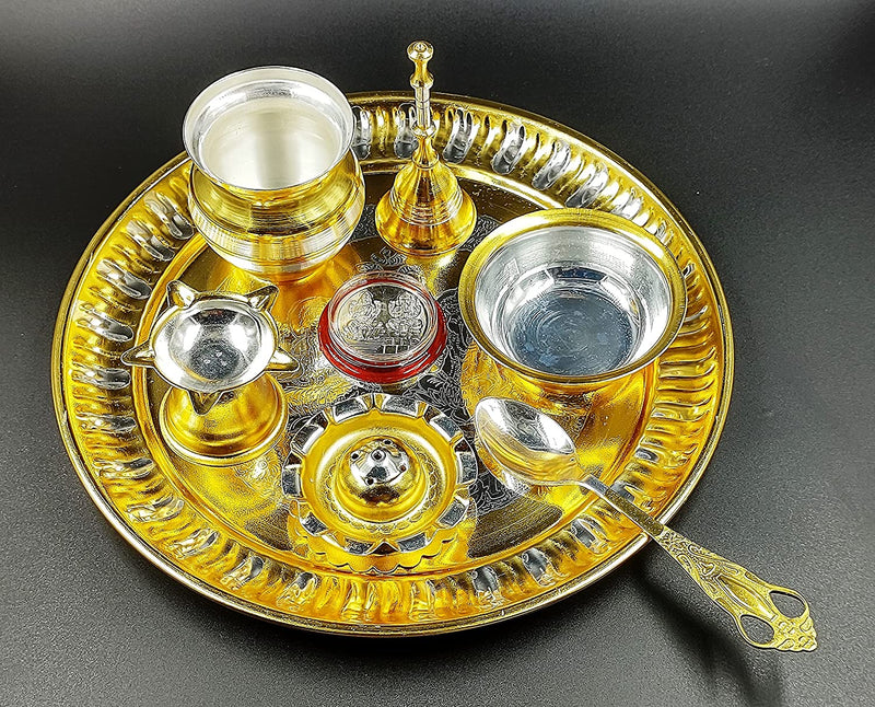 NOBILITY Premium Ganesh Lakshmi Design Gold and Silver Plated Puja Thali Set 08 Inch with Coin