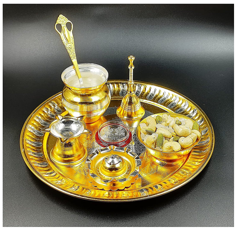 NOBILITY Premium Ganesh Lakshmi Design Gold and Silver Plated Puja Thali Set 08 Inch with Coin