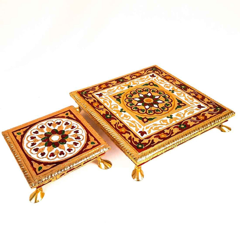 NOBILITY Minakari Pooja Chowki | Wooden Bajot - Set of 2 (6 Inch and 10 Inch/Golden) - for Pooja, Home Decor & Festivals