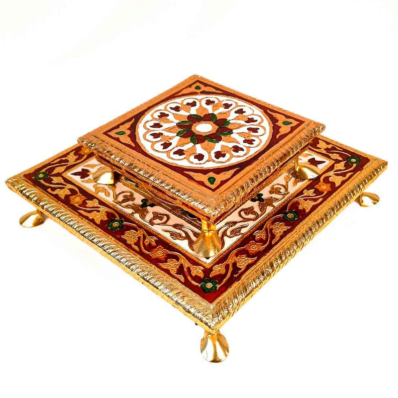 NOBILITY Minakari Pooja Chowki | Wooden Bajot - Set of 2 (6 Inch and 10 Inch/Golden) - for Pooja, Home Decor & Festivals