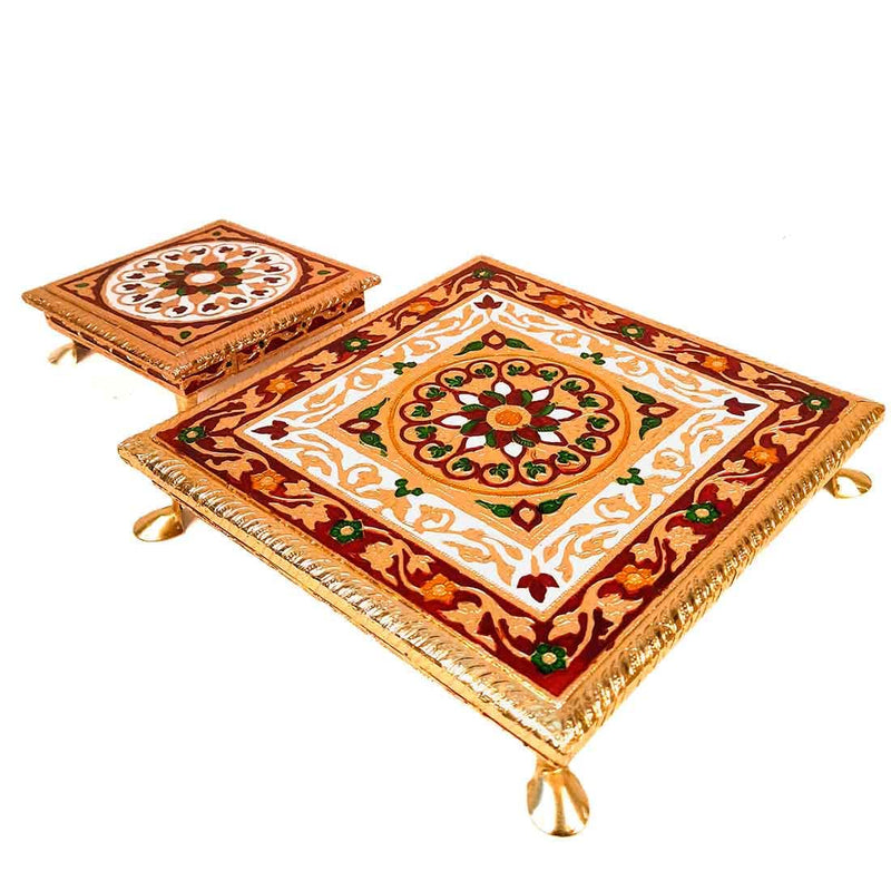 NOBILITY Minakari Pooja Chowki | Wooden Bajot - Set of 2 (6 Inch and 10 Inch/Golden) - for Pooja, Home Decor & Festivals