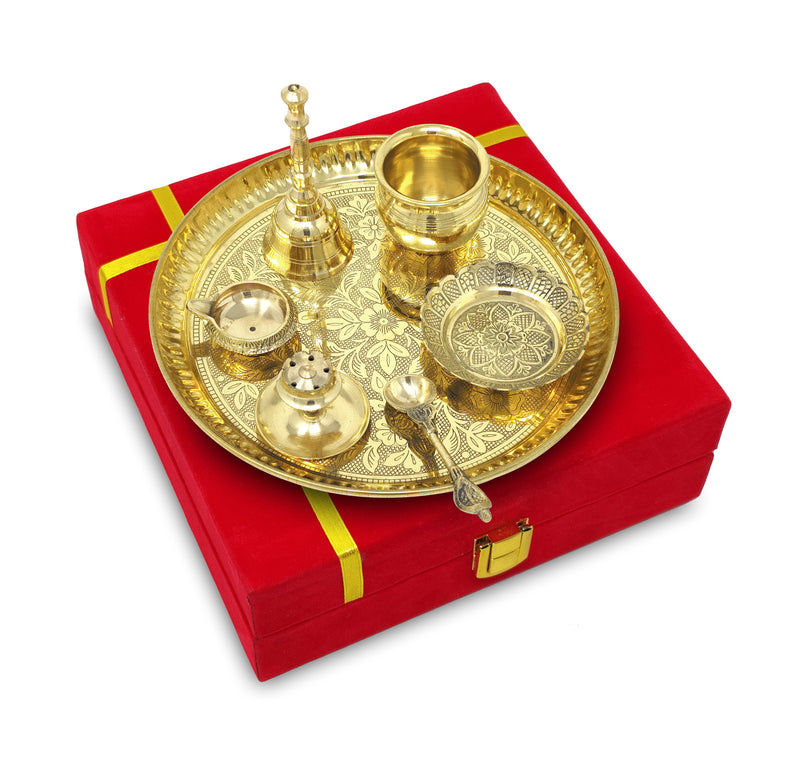 NOBILITY Pure Brass Pooja Thali Set 8 Inch with Red Velvet Gift Box