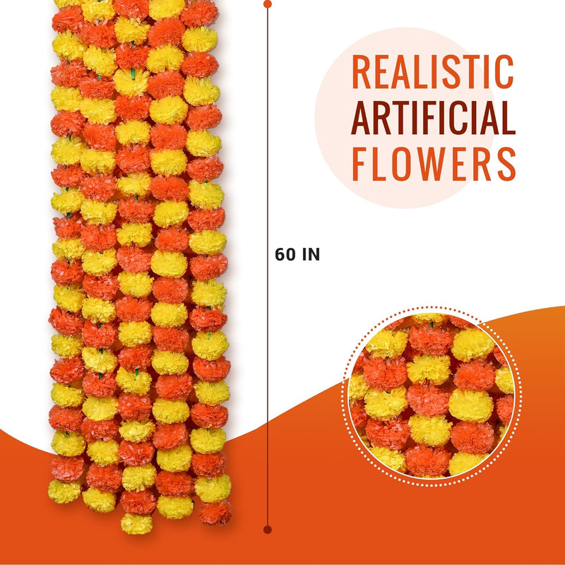 NOBILITY Marigold Garland for Decoration 5 Pcs of 5 feet Long Strands Artificial Marigold Flowers, Indian Decor for Pooja, Wedding Christmas, Events Decorations