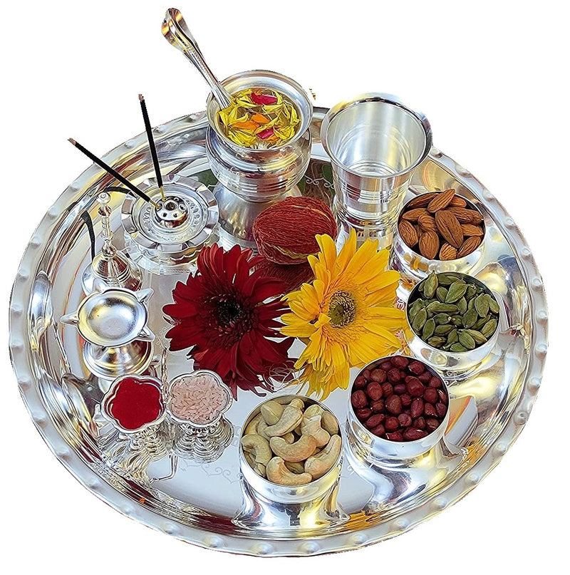 NOBILITY Silver Plated Pooja Thali Set 12 Inch with Accessories Puja Decorative Items for Home Mandir Office Wedding Return Gift