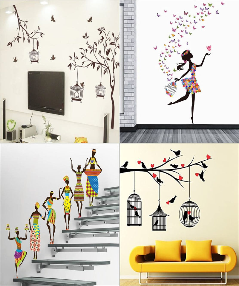 NOBILITY Set of 4 Wall Sticker Love Birds with Hearts (120 x 85 cms) | Tribal Lady (180 x 60 cms) | Free Bird Case | Dream Girl (59 x 89 Cm)