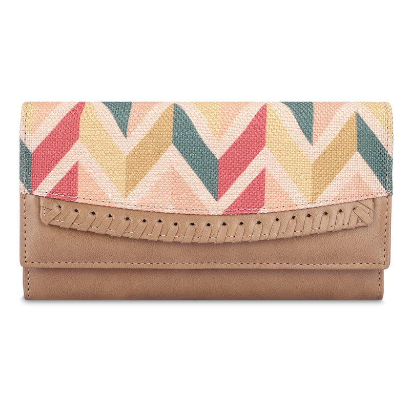 NOBILITY Ladyluxe Collection Printed Handicraft Fabric & Faux Leather Womens Wallet Clutch Ladies Purse with Multiple Card Slots (Cream-Wave Design)