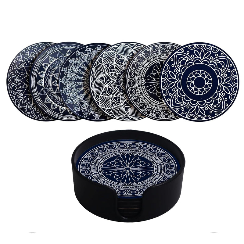 NOBILITY Mandala Design Coasters with Tray Coaster Set Fit for Tea Cups Coffee Mugs Glasses | Home Decor | Set of 6 Durable and Long Lasting Premium Finish Mandala (Blue Coasters)