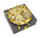 NOBILITY Pure Brass Lakshmi Ganesha Design Pooja Thali Set 8 Inch with Gray Velvet Gift Box